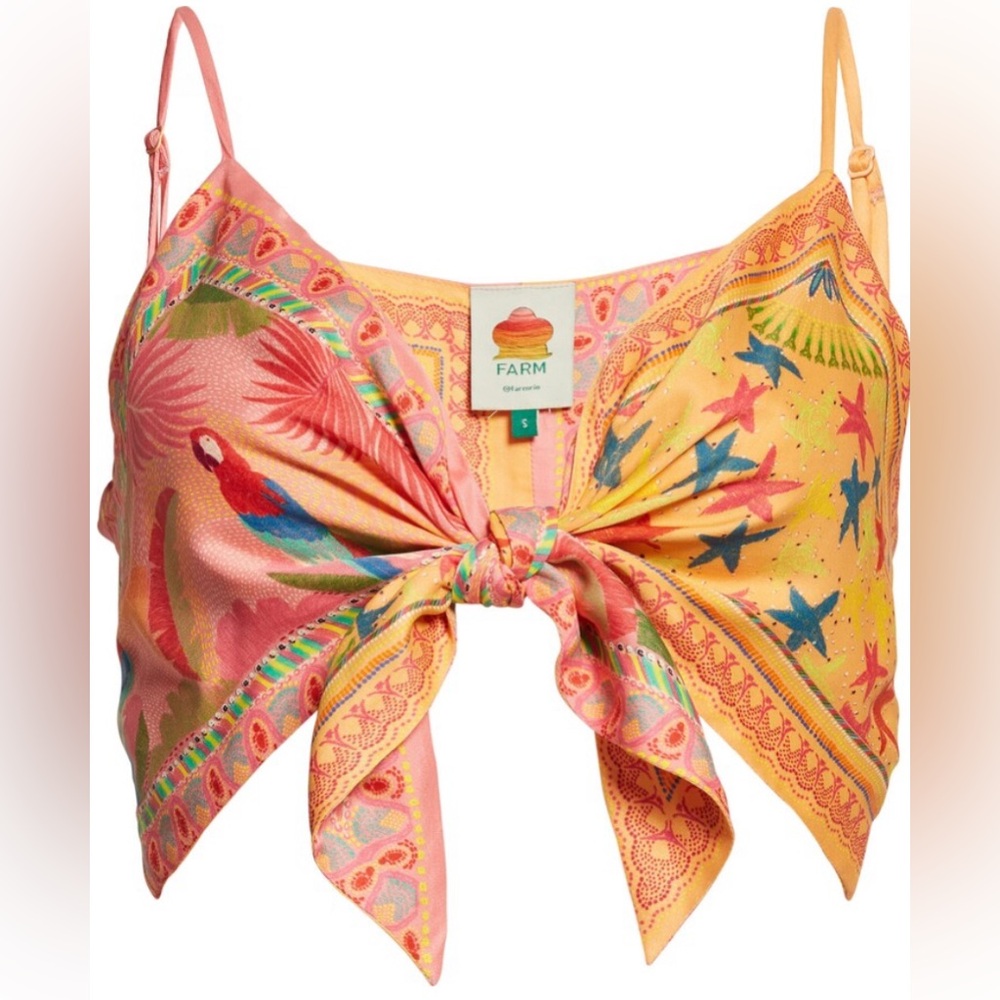 FARM Rio NWT Satin Print Scarf Tie Front Top - Picture 2 of 6